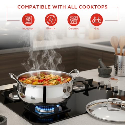 Image of Vinod Platinum Chef's Lagan Pot 28 cm - 7 Litre | Triply Stainless Steel Biryani Pot Heavy Bottom | Shallow Lagan Handi for Cooking Biryani | Healthy Triply Cookware, Induction Friendly, with Lid