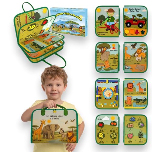 Busy Board Libro Montessori 1 año   Busy Book Animales de la Selva Bilingüe Español/Inglés   Juguete Educativo Sensorial Bebé   Juguetes Montessori de Fieltro   Tablero Montessori de Motricidad Fina