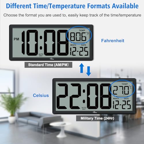 WallarGe Backlight Digital Wall Clock Battery Operated - with Temperature and Date 14.5\'\' Large Digital Wall Clock, Easy to Read and Set, Auto DST