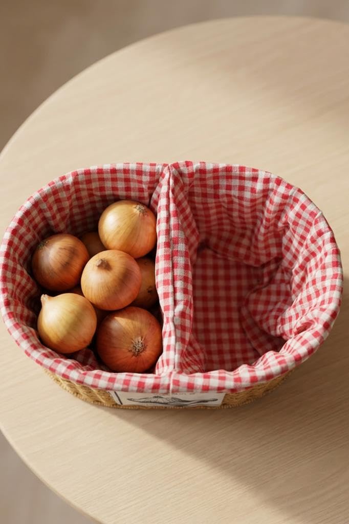 Digithome Oval Rattan Hasır Patates Soğan Çift Bölmeli Sepet Düzenleyici Organizer -9T03