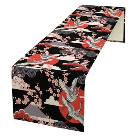 Japanese Crane Table Runner with Cherry Blossoms Cover
