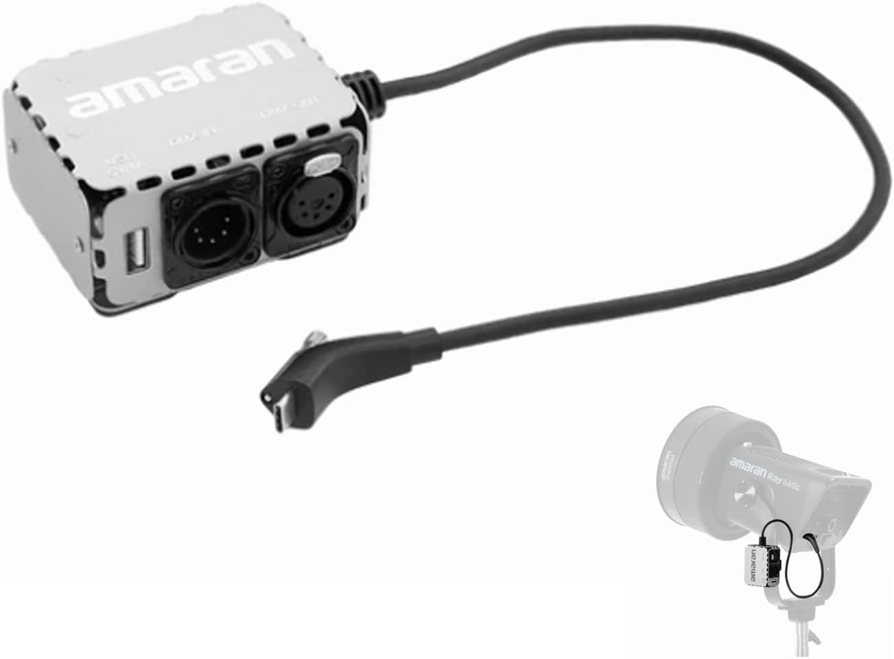 Amaran USB-C to 5-Pin DMX in-Out Adapter Expansion Module That Adds Wired 8-bit DMX512 Control to Amaran Ray 360c & 660c