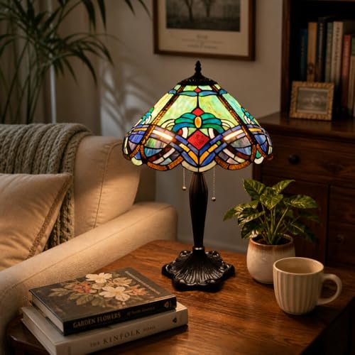 Image of Stained Glass Table Lamp, Multicolor Glass Shade, Bronze Base (Free Bulb) (Design - 12) Free Bulb- 3 Color Options- Warm White, Cool White and Natural