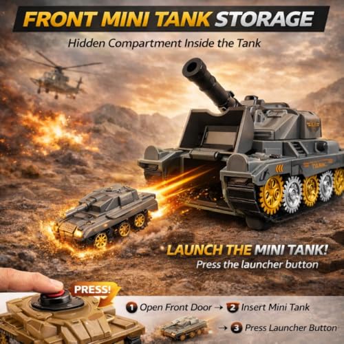 Image of TEC TAVAKKAL Battle Breakers Toy Military Tank for Kids with Mini Tank Launcher, 360 Rotating Turret & Adjustable Cannon | Action Battle Toy Vehicle with Moving Wheels for Kids (Gray)