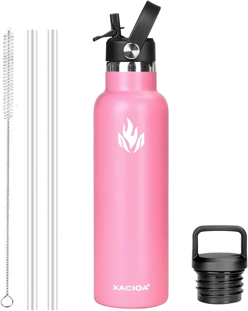 XACIOA Stainless Steel Water Bottle With Straw -for Hot/Cold Drinks 500/750/1000/ml Vacuum Insulated Leak Proof Water Bottle,BPA Free - with 2 replacement lid and straw Brush