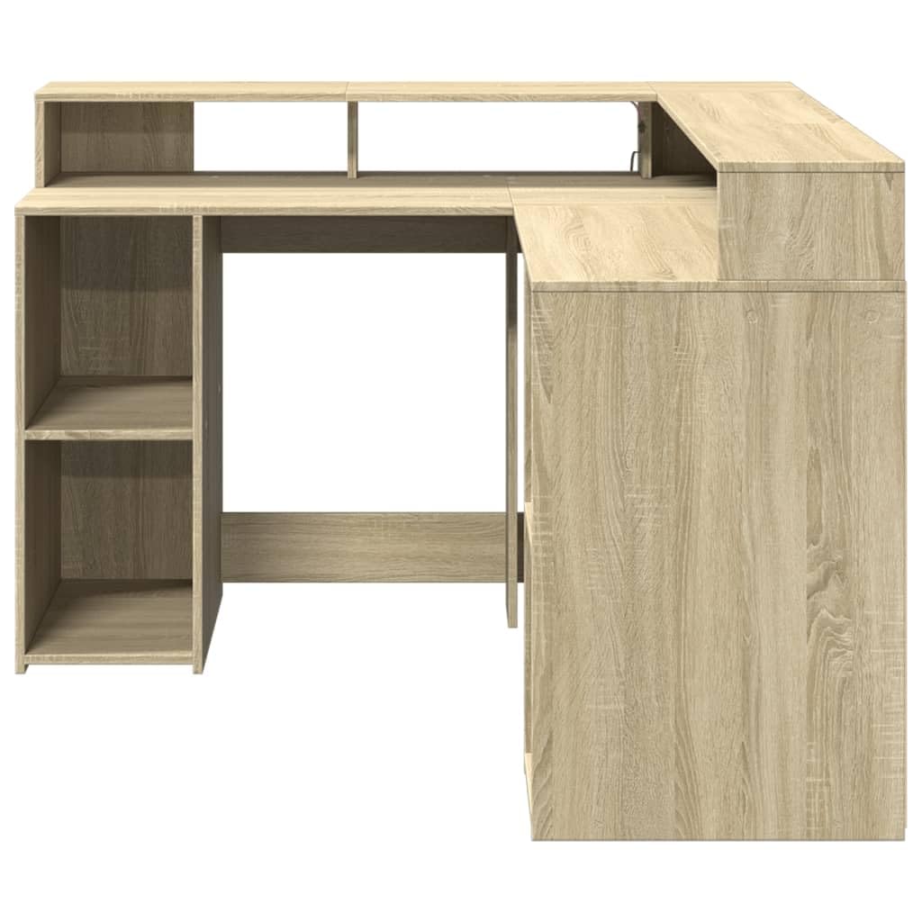 Homgoday Biurko z diodami LED, dębowe Sonoma 130 x 130 x 91 cm, z płyty wiórowej, meble biurka, półki, biurko komputerowe, biurko, biurko do gier, do pokoju dziecięcego