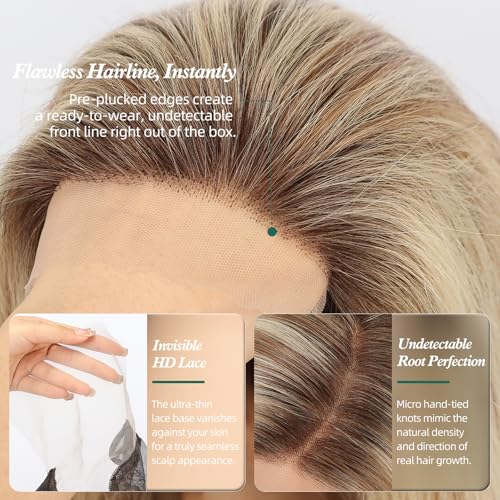 Image of 5x5 Lace Front Wigs for women,Human Hair Blonde Straight Glueless with Free Part & Pre Plucked Natural Hairline 16 Inch（Blonde Mixed Brown）