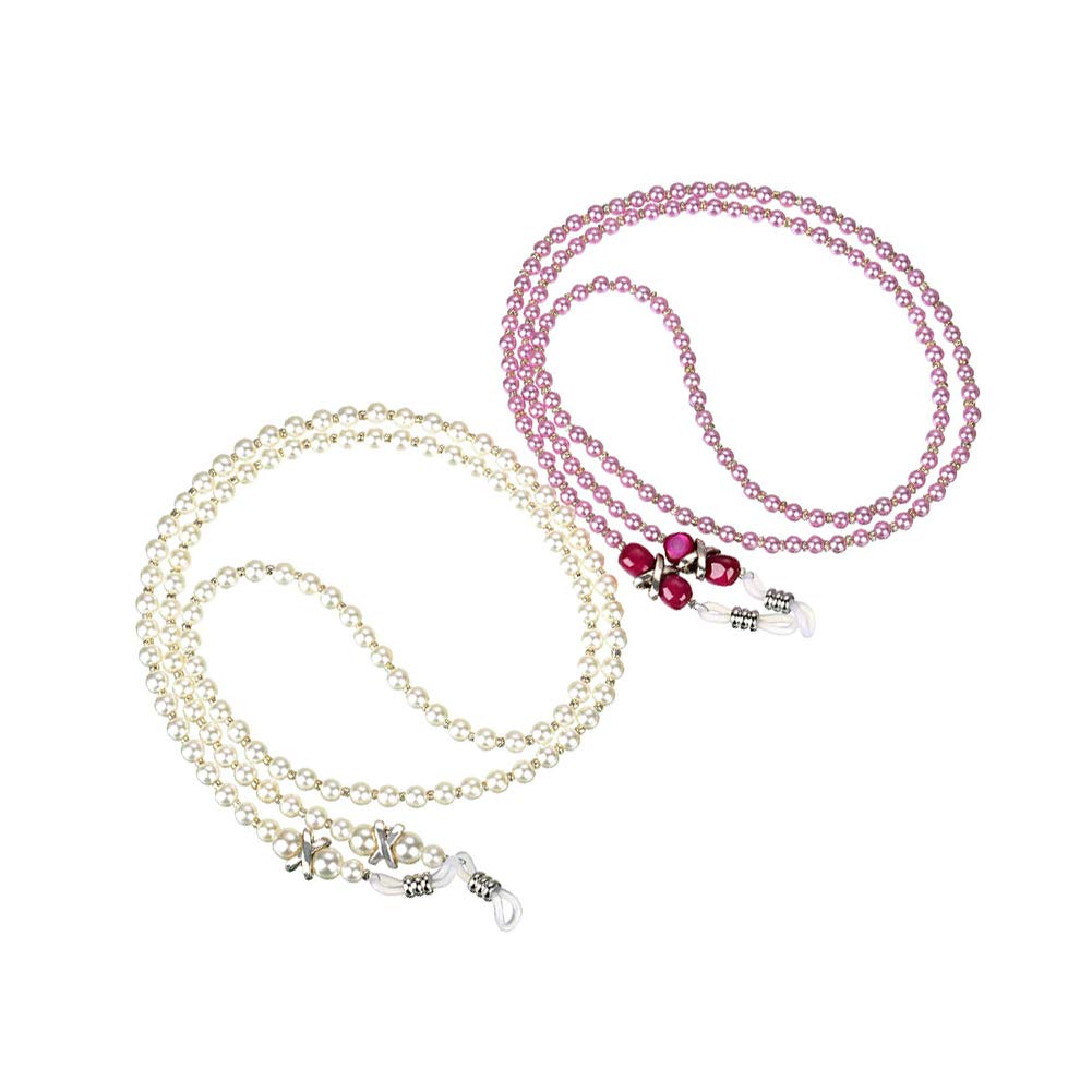 BEHAHAI2PCS Beaded Glasses Chain, Reading Eye Glasses Spectacle Eyeglass Chains Glasses Necklace Pearl Glasses Chain Cord Anti Slip Sunglass Chain Eyeglasses Chain Holder for Women Girls White, Pink