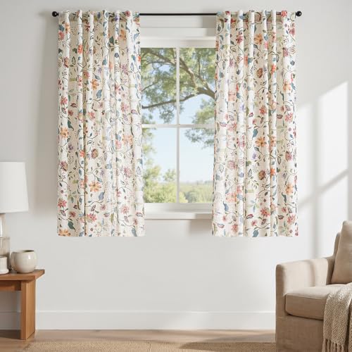 Image of jinchan Beige Floral Linen Curtains 63 Inch Farmhouse Back Tab 2 Panels