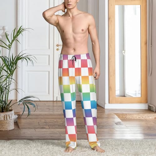 Mens Pajama Pants - Pastel Rainbow Checker Print Soft Sleep Lounge Pants For Men, Casual Pj Bottoms With Pockets2