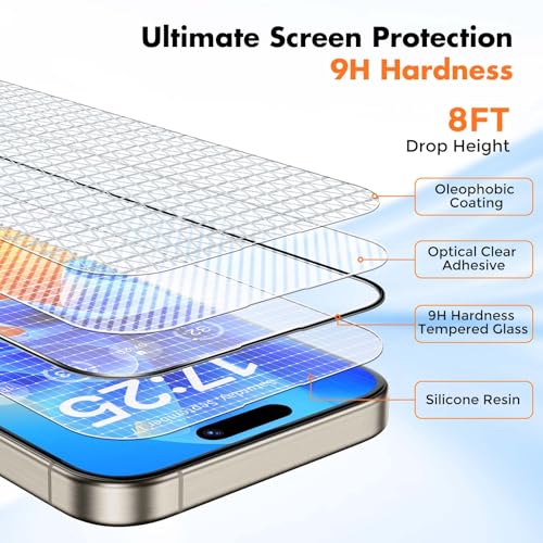 UNBREAKcable 3-Pack Glass for iPhone 15 Pro Screen Protector, Double Shatterproof Tempered Glass [Easy Installation Frame] [9H Hardness] [Full Coverage] [HD Clear] for iPhone 15Pro 6.1 inch