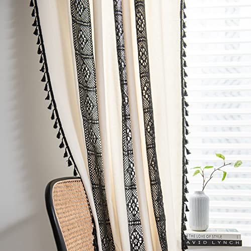 Deeprove Black And White Boho Curtains For Bedroom, Patchwork Sheer Lace Crochet Textured Splice With Cream Cotton Linen Fabric, Chic Bohemian Window Curtain Tassels, Rod Pocket, 1 Panel, 59"W X 63"L #TOP6