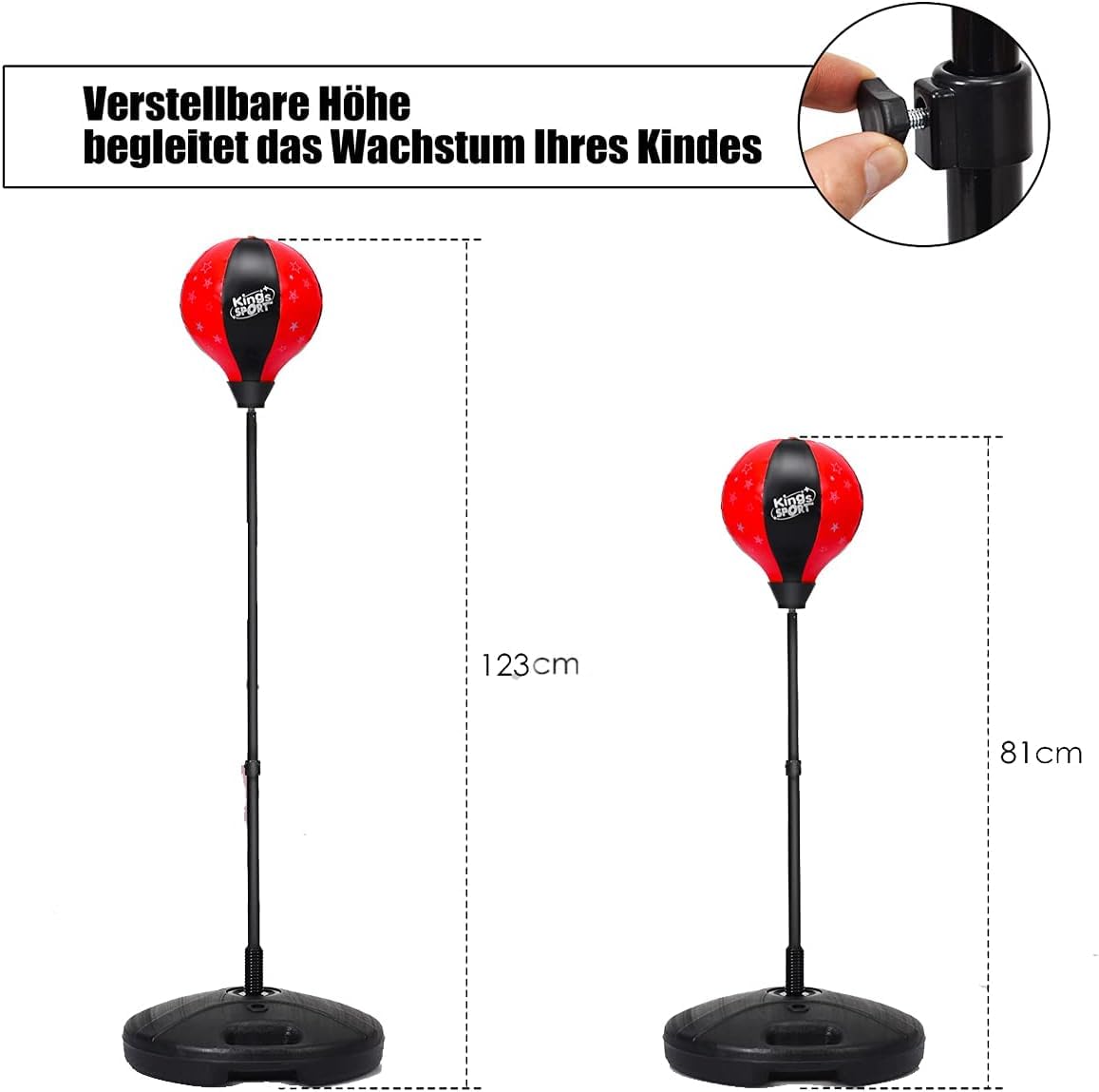 RELAX4LIFE Saco de Boxeo con Guantes de Boxeo, Pelota Inflable y Bomba de Aire, Saco de Boxeo de Pie con Altura Ajustable 81-123,5cm y Soporte Rellenable para Niños Más de 3 Años, Rojo y Negro