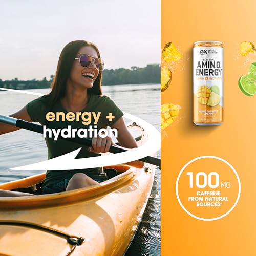Image of Optimum Nutrition Amino Energy Sparkling Hydration Drink, Electrolytes, Caffeine, Amino Acids, BCAAs, Sugar Free, Mango Pineapple Limeade, 12 Fl Oz, 12 Pack (Packaging May Vary) | 12 Fl Oz On The Go Sparkling Hydration Drink with Electrolytes and BCAAs, Zero Sugar, 100mg Caffeine Per Serving, 12-Pack