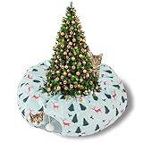 Picture of Hudson Comfort Cat Donut Tunnel for Christmas Tree – Christmas Themed Tube for Holiday Season – Ultra-Soft Plush Velvet Cute Cat Tree Tunnel Skirt with Ball Toy – Non-Slip Bottom Pillow