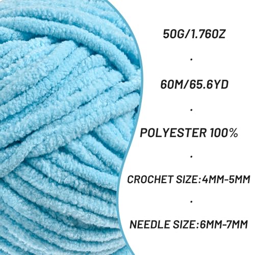 Image of 2 Packs Plush Chenille Chunky Crochet Yarn - Baby Yarn for Crocheting Soft - Velvet Yarns Knitting for Blankets Crafts - Fluffy Amigurumi Yarns 100g /131yds (2 Azure)