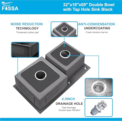 Image of Fossa 32 inch x18 inch x 09 inch Inch Premium Stainless Steel Double Bowl Kitchen Sink with Tap Hole, Drain Basket, Soap Dispenser, Drain, Round Coupling - Topmount Sink for Campervan or Silver (Matte Finish)