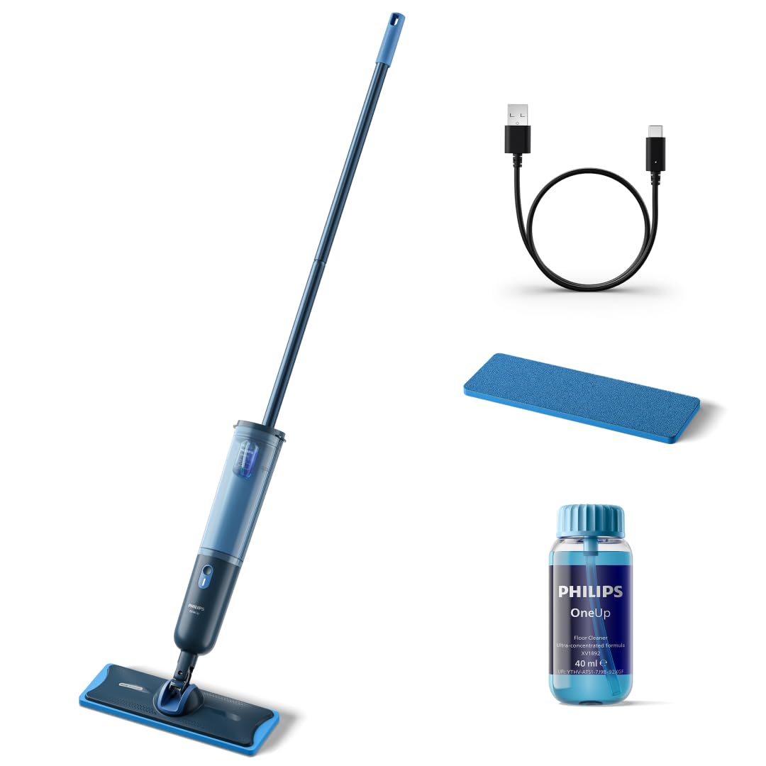 Philips OneUp 3000 Serisi Elektrikli Mop - Daha Temiz Zeminler, Daha Hızlı Paspaslama, 360° Dönen Menteşeli Kablosuz Tasarım, Yıkanabilir Yeniden Kullanılabilir Pedler, Uzun Ömürlü Pil (XV3101/01)