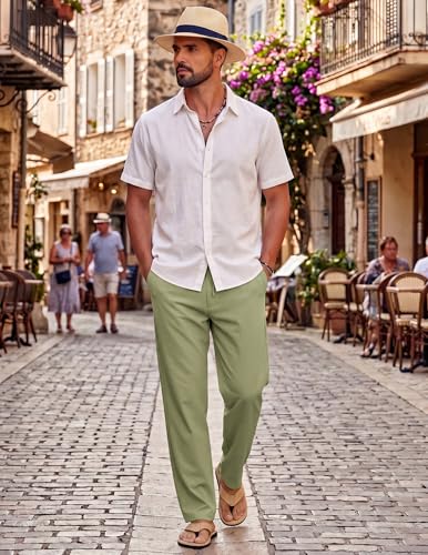 Image of COOFANDY Mens Cotton Linen Pants Casual Drawstring Summer Beach Pants Lightweight Linen Dress Trousers