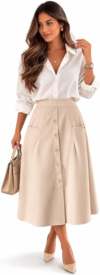 Saia Midi Feminina Alfaiataria Elegante Cintura Alta Casual Chic Moderna (BR, Alfa, XG, Regular, Regular, Bege)