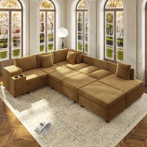 Image of KEIKI 110 inch L-Shaped Oversized Plush Corduroy Modular Sectional Sofa with Pull-Out Bed, Convertible 6-Seater Sleeper Couch Bed with 1 Ottomans & USB & Cup Holders, Easy Assembly, for Living Room, Camel