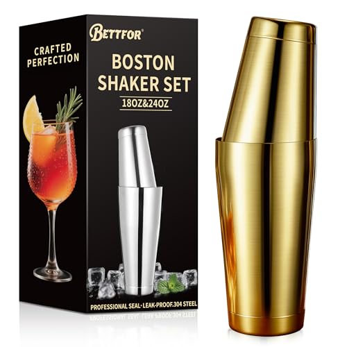 BETTFOR Boston Shaker Set, 18oz & 28oz 2-Piece Tins, Professional 304 Stainless Steel Cocktail Shaker with Leak-Proof Weighted Base for Bartending, Home & Bar Use (Gold)