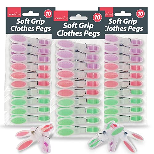 SOL 30pk Soft Grip Clothes Pegs, Red, Lavender & Green Plastic Cloths Laundry Clip for Washing Line, Gentle Rubber Padded Grips, Strong, Multipurpose, Perfect for Secure Drying Without Damage