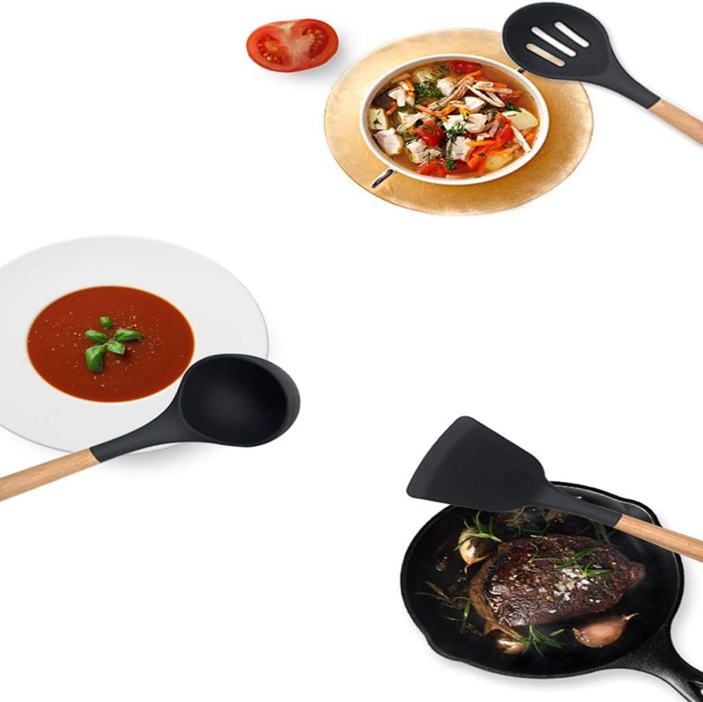 Utensilien-Set, Küchenutensilien-Set mit Silikon-Kochutensilien – 9 Küchenutensilien-Set aus natürlichem Holz aus Silikon – Silikon-Utensilien-Set, Spatel-Set – Silikon-Utensilien, Kochutensilien