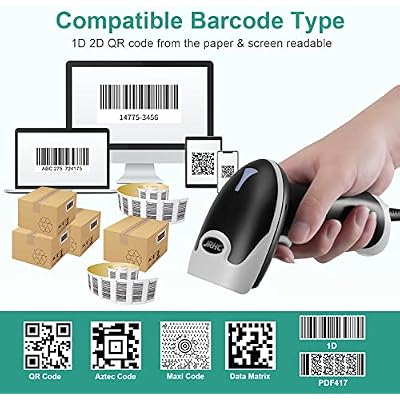 Barcode Scanner, Handheld USB Barcode Scanner Wired Connection Barcode Reader 1D 2D PDF417 QR Data Matrix Automatic Plug&Play Bar Code Scanners for Desktop Store Supermarket Warehouse Library