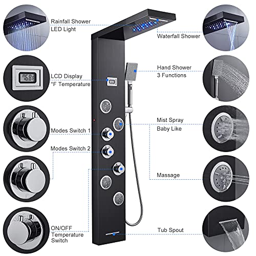 Menatt Led Shower Panels Tower System, Sus304 Stainless Steel Bathroom Shower Panel System With 4 Body Jets, Rainfall, Waterfall, Handheld Shower, Tub Faucet (Black) #TOP3
