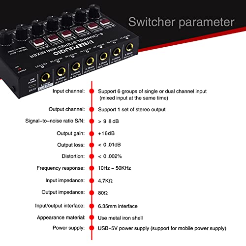 Qican Mini mixer de áudio estéreo de 6 canais Mixer de instrumentos musicais Vento elétrico/Guitarra