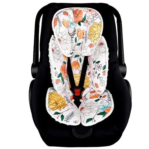 Image of Pea Pod Baby Car Seat Head Support for Newborn, 2 in 1 Infant Car Seat Head Body Support for Girls Extra Soft Breathable Baby Car Seat Cushion Insert for Strollers, Swings, Bouncers, (Retro Floral)