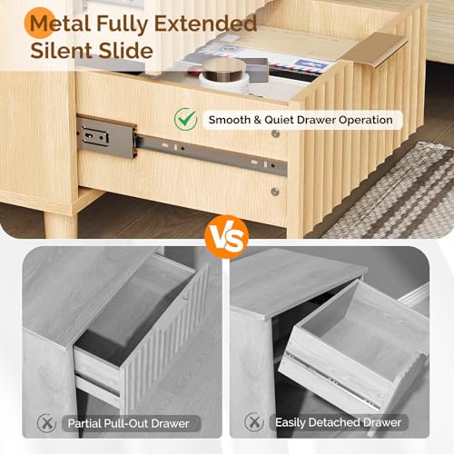 Image of VINGLI Fluted Nightstand with Charging Station, Wood Nightstand with 2 Drawers Night Stand for Bedroom, Fluted Bedside Table /End Table /Side Table with Pine Wood Legs, Oak, 15.75 inch W*15.55 inch D*23.62 inch H