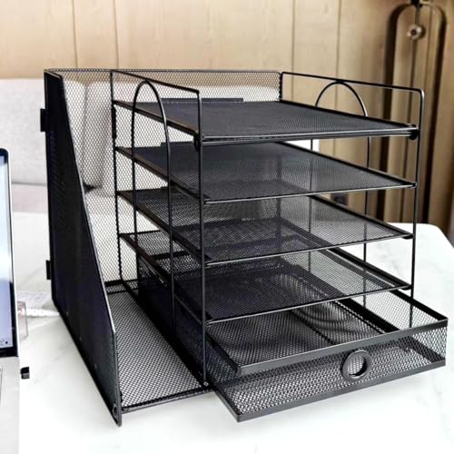 5-Tier Paper Letter Organizer with File Holder, Desk Organizer with Drawer, Mesh Desktop Storage with Magazine Holder for Office Supplies (Black)