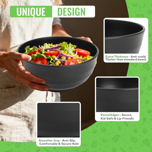 Image of Wheat Straw Bowls Set of 6, Unbreakable Lightweight 60 OZ Salad Bowls for Kitchen and Camping, Big Plastic Bowl for Serving, Cereal, Ramen, Soup, Microwave & Dishwasher Safe, Black