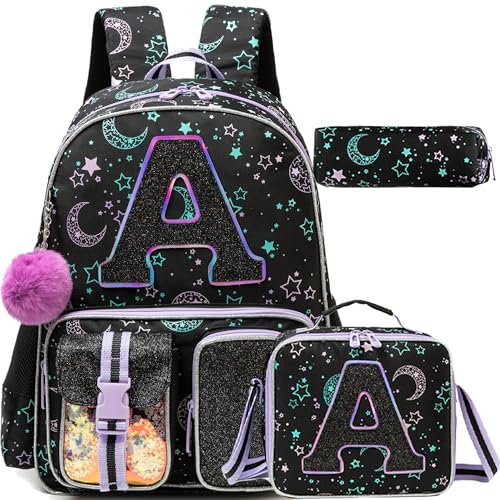 Meetbelify Mochila para meninas com letras para estudantes do ensino fundamental e adolescentes bolsa escolar fofa para crianças de 8 a 10 anos, Preto