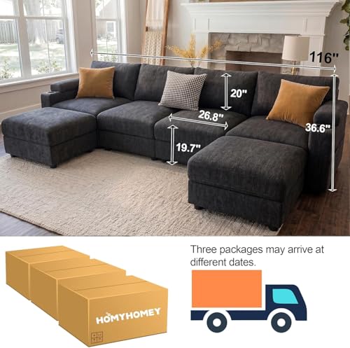 Image of Sectional Couches for Living Room FSC Certified Chenille Modular Couch Oversized Cloud U Shaped Convertible Sleeper Sofa Chaise Detachable Armrest Cushion (Chenille Grey, U Shape 6 Seat)