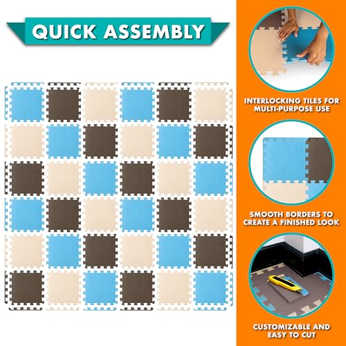 Image of ProSource Baby Play Mat, Soft Foam Floor Tiles for Kids, Interlocking EVA Panels for Playpen Use, Crawling Development Surface, Safe Non-Toxic Toddler Flooring, 36 Tiles, Blue /Brown /Beige