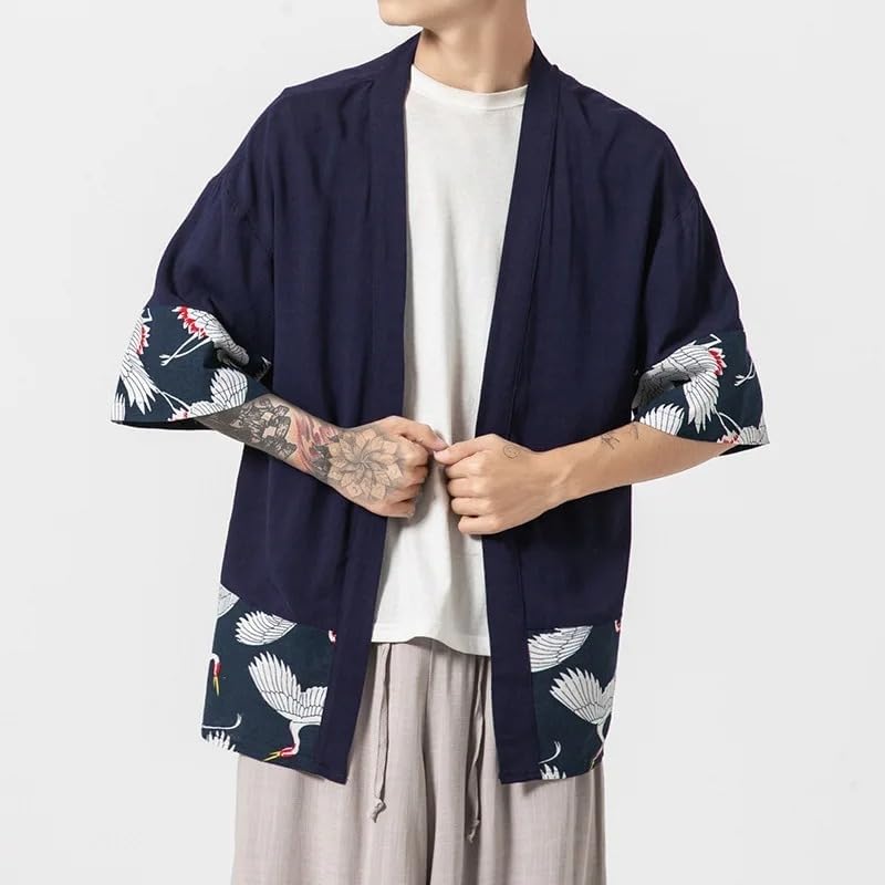 Chinese Style Men Kimono Cardigan Coat Japanese Linen Robe Summer Casual Shirt Asian Clothing Tops