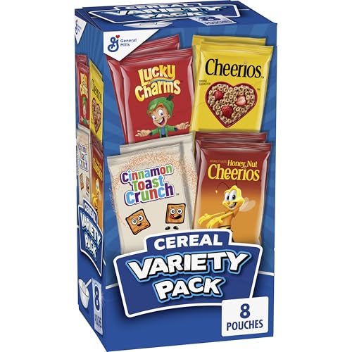 Breakfast Cereal Variety Pack, Lucky Charms, Cinnamon Toast Crunch, Cheerios, and Honey Nut Cheerios, 8 Pouches, 9.14 oz