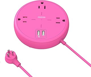 Pink Power Bar with USB Ports, Mountable Flat Plug Extension Cord with 3 Widely Spaced Outlets, 2 USB Charger 5 FT Power Cord, Cute Power Strip Charging Station for Beauty Room Bedroom Home Office