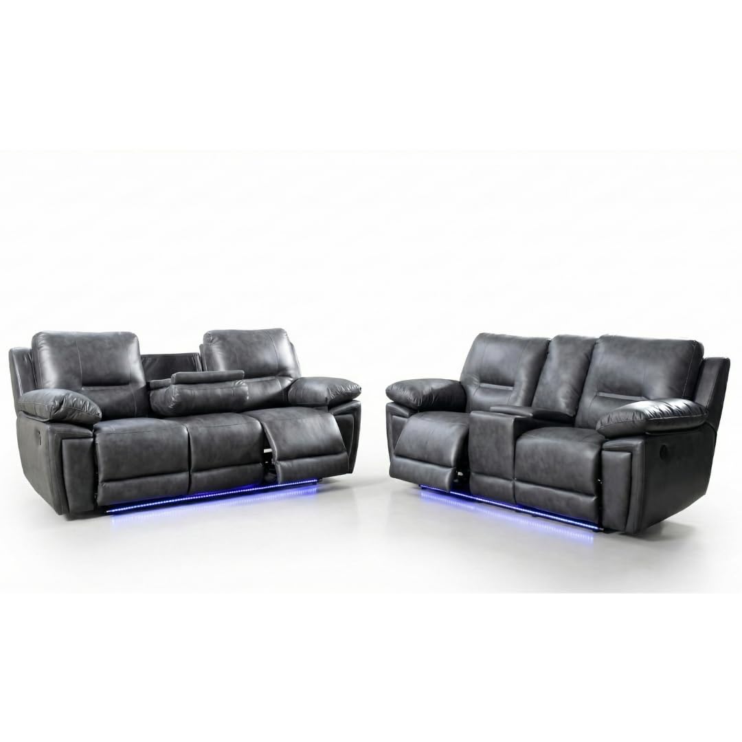 Sara Leather Electric Recliner Sofa With Cupholders - Leather Corner Sofa - 3+2 Seater - USB Charging Ports - LED Lights - Grey (3+2 Seater)