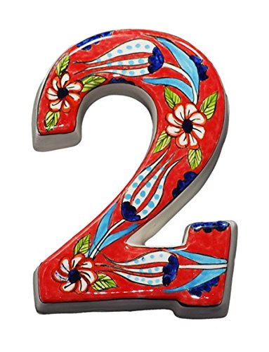 Large Ceramic House address number 2, Red, 4.7inch Tall, Hand Decorated, House number