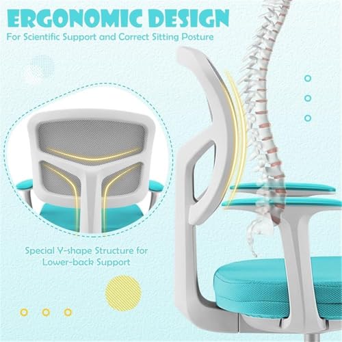 Image of Pemberly Row Kids Study Chair, Adjustable Height 31.5 inch-36 inch, Green, Ergonomic Design with Lumbar Support, Mesh Back, Auto Brake Casters, 360-Degree Swivel, Comfortable Seat for Children's Workspace