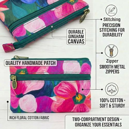 Image of Women Small Zipper Coin Purse, Handmade Fabric Flower Embroidered Change Pouch, Cotton Double Zipper Wallet