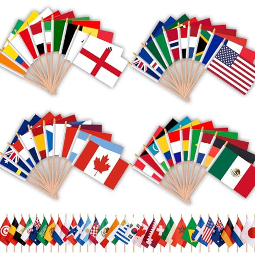AhfuLife 48 Countries Wooden Handheld Flags on Stick for World Cup Decorations, 48PCS Double Sides Fabric Handheld Small Flags Banner with 11.8in Pole for Soccer Olympic Party 2026 Garden Street Decorations