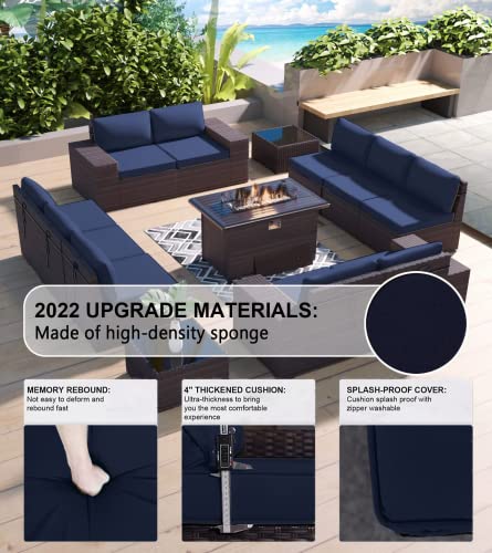 Kullavik 13 Pieces Outdoor Patio Furniture Set With 43" 55000Btu Gas Propane Fire Pit Table Pe Wicker Rattan Sectional Sofa Patio Conversation Sets,Navy Blue #TOP6