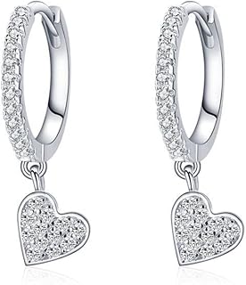 CZ Love Heart Dangle Hoop Earrings 925 Sterling Silver Sparkling Crystal Rhinestone Small Huggie Hoops Cartilage Earring Dangling Charm Drop Hinged Earring Studs Dainty Jewelry Gifts for Women Girls Valentine's Day