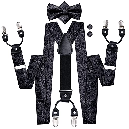 Image of Dubulle Suspender and Bow Tie for Men Paisley Solid Mens Suit Braces Pretied Bowtie and Handkerchief Cufflinks Formal Wedding