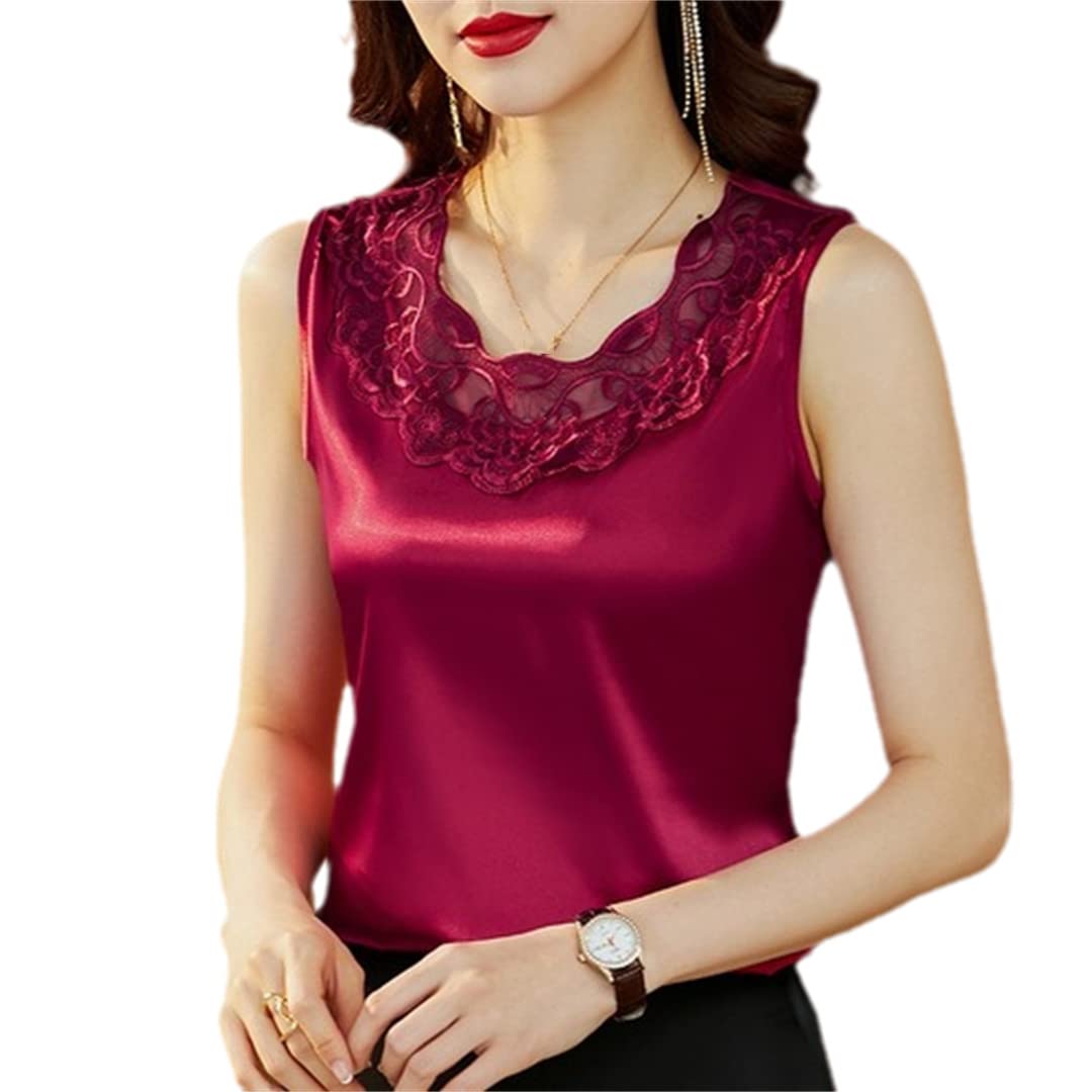 Canotte Senza Maniche con Scollo a O per Donna Camicetta in Raso con Patchwork a Rete scavata T-Shirt Estiva Casual Claret S